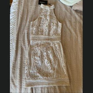 White high neck lace crochet body con dress